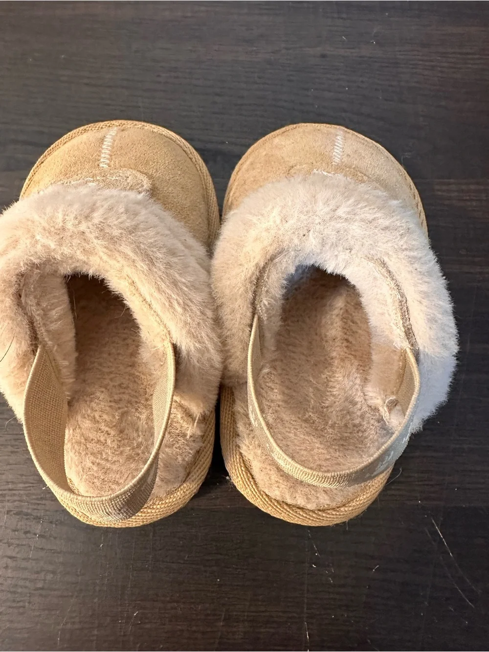 BearPaw Kids Tan Suede Slip-On Clog Slippers with Plush Fur Collar